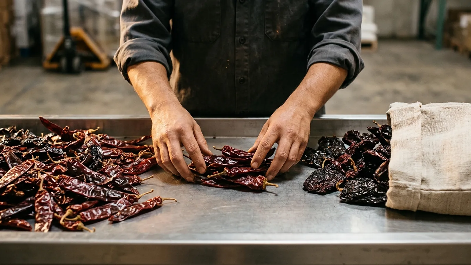 Manos de un trabajador separando chiles secos sobre una mesa de acero inoxidable.