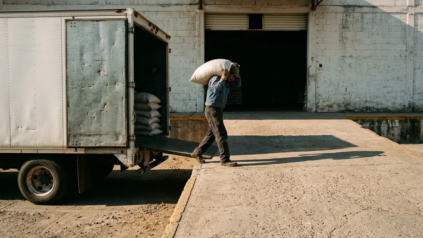 Un trabajador baja un costal de un camión al andén de la bodega.