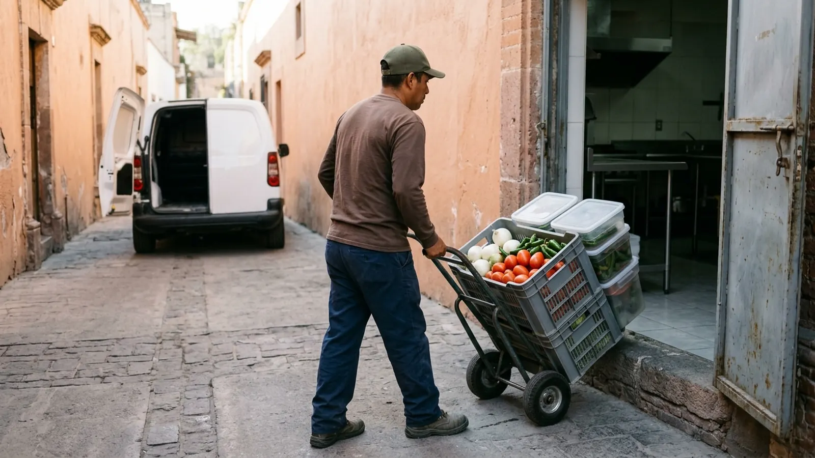 Un repartidor lleva en un diablito cajas con jitomate, cebolla y chiles frescos, y recipientes cerrados, a la entrada de servicio de un restaurante.