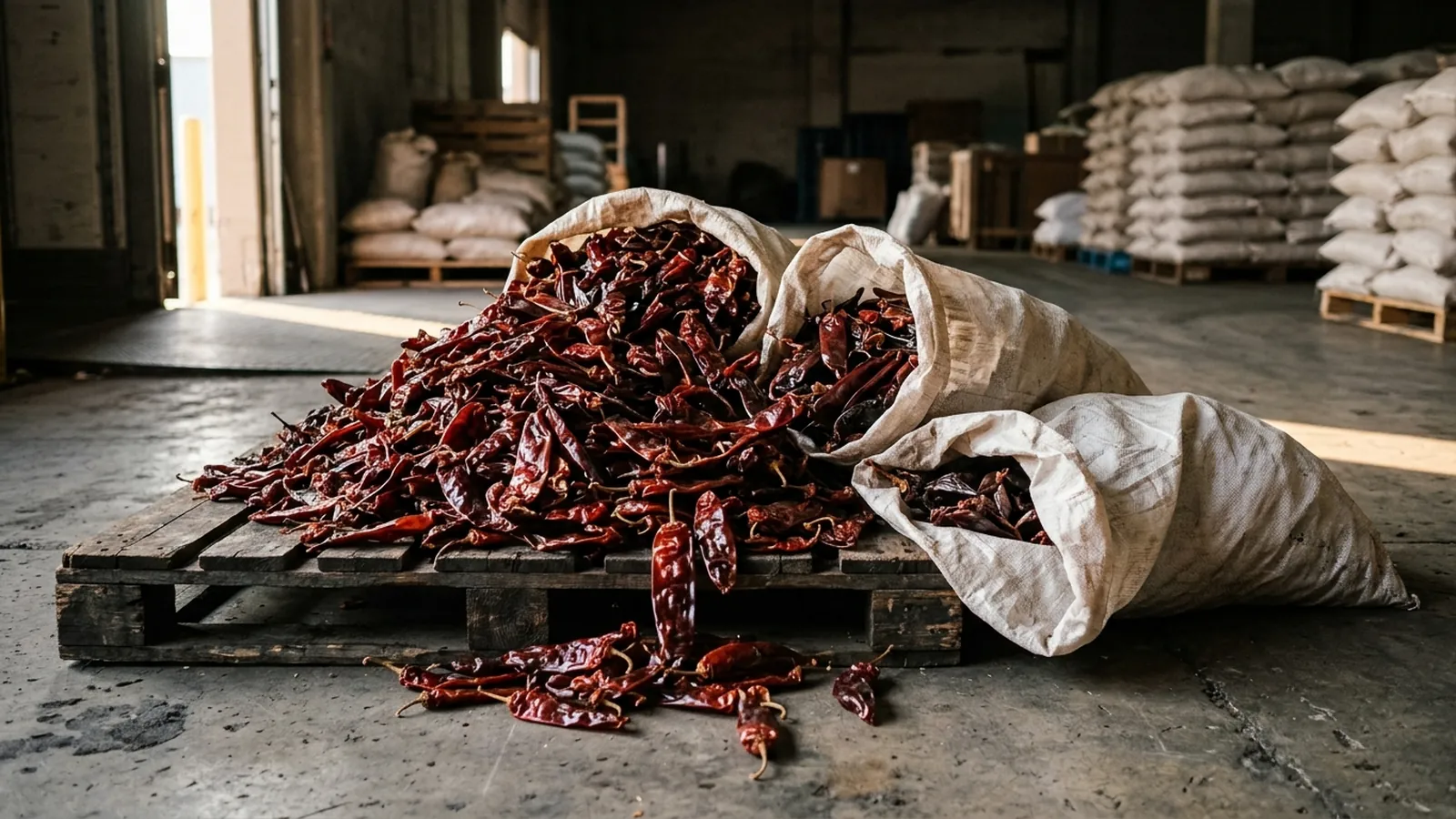 Chiles secos rojos desbordándose de costales abiertos sobre una tarima en la bodega.