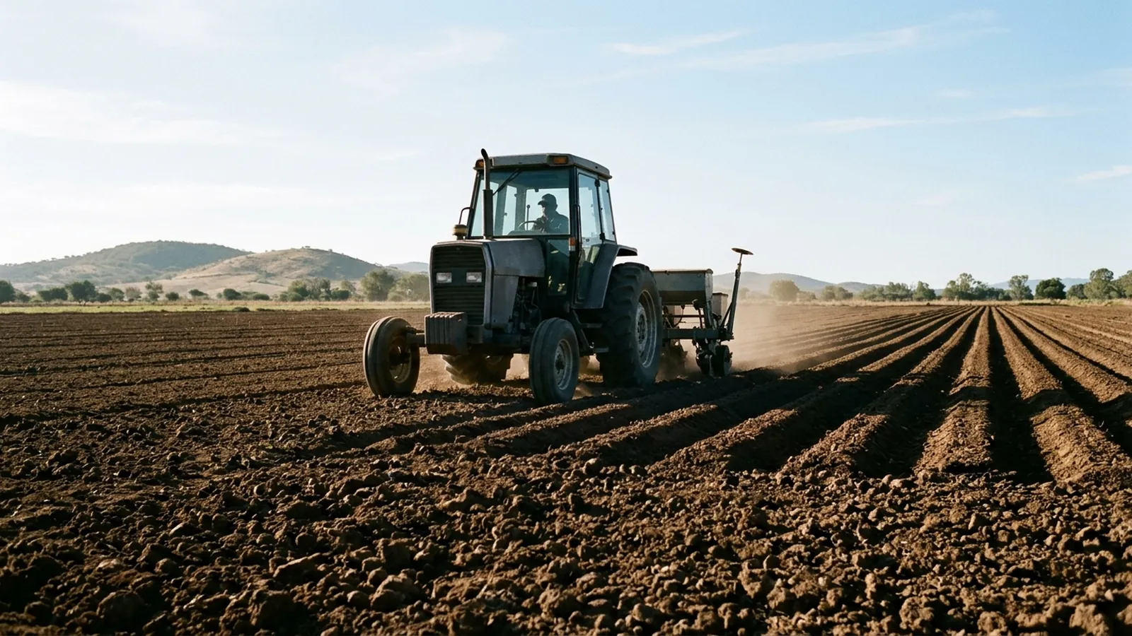 Tractor con sembradora trabajando surcos recién preparados por la mañana.