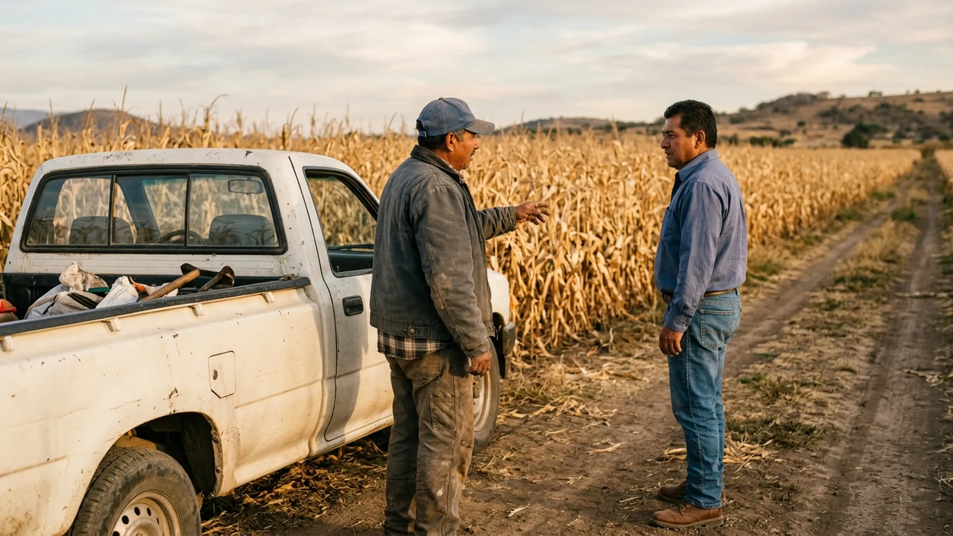 Un productor y un comprador conversan junto a una camioneta a la orilla de una parcela de maíz lista para cosecha.