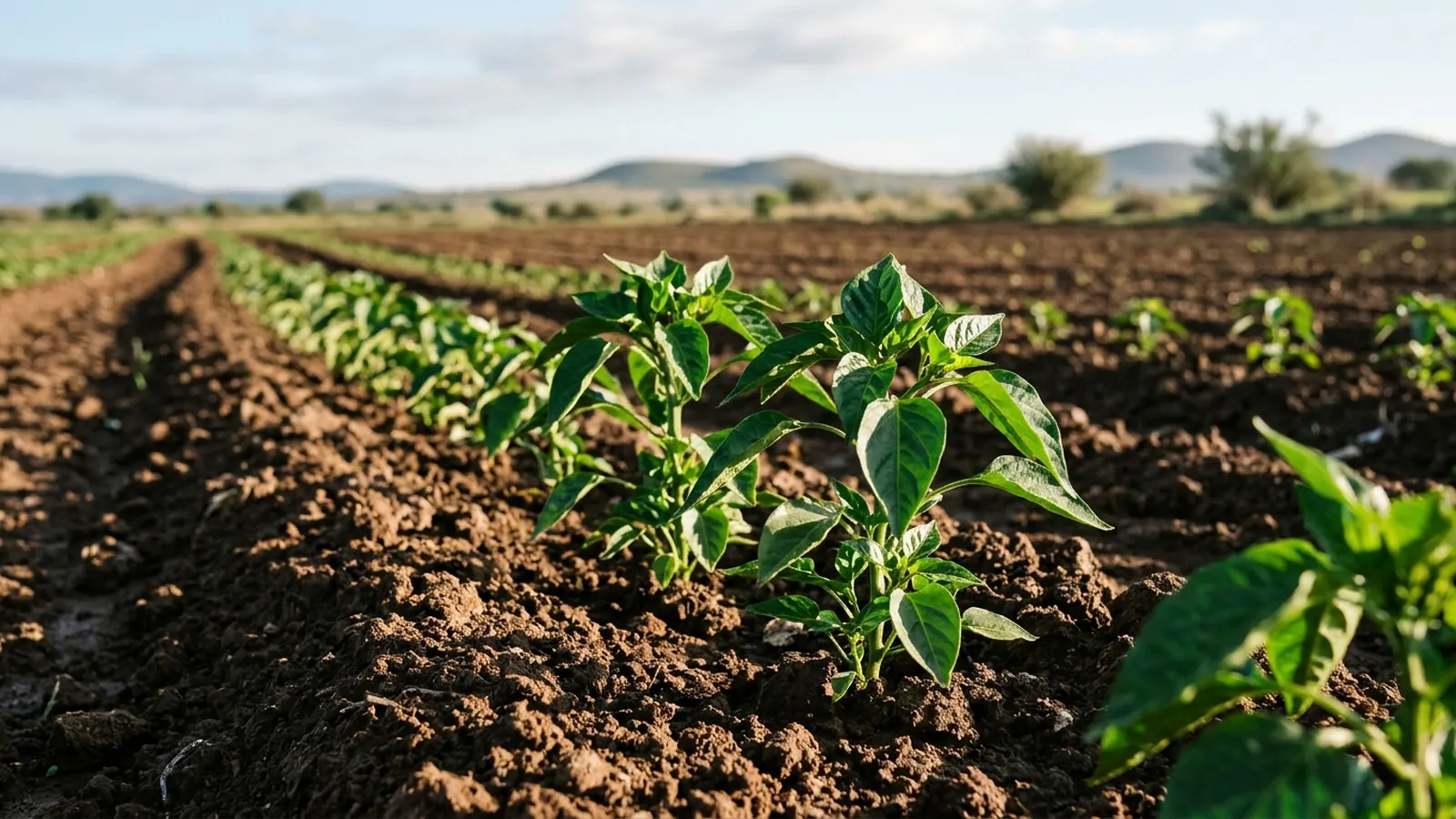 Plantas jóvenes de chile en hilera sobre tierra recién trabajada.