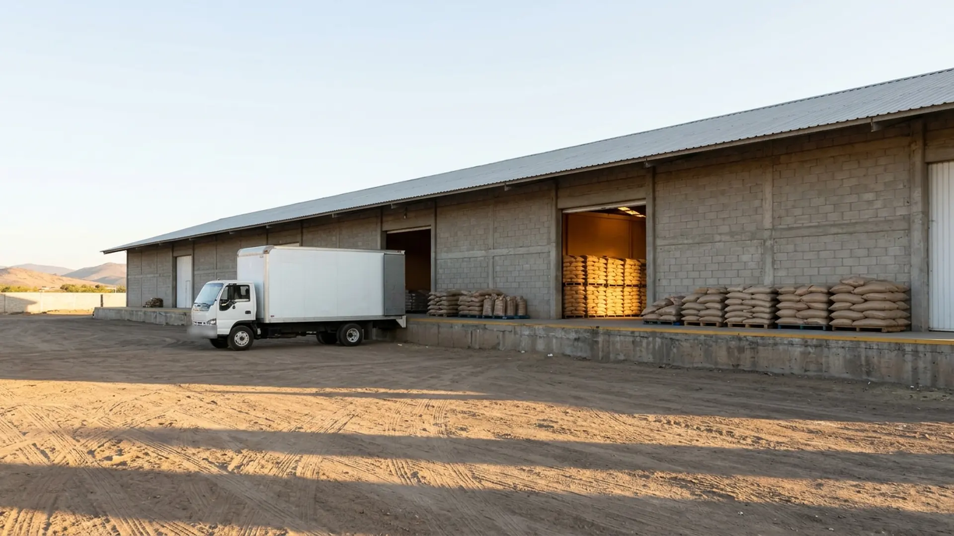 Bodega con andén de carga, puertas abiertas con costales sobre tarimas y un camión estacionado, por la mañana.