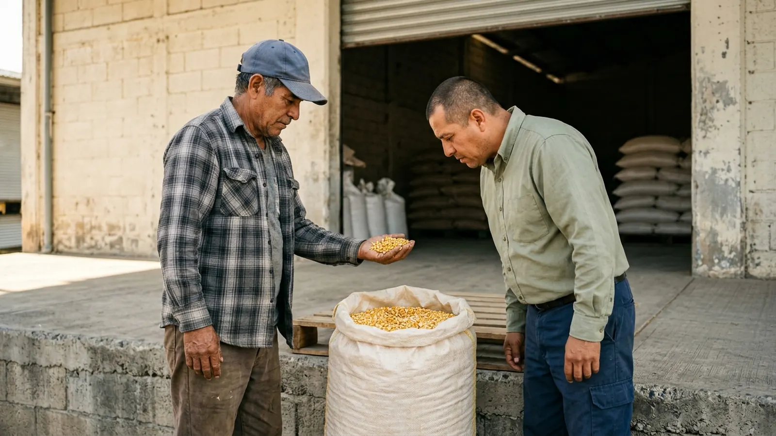 Un productor muestra granos de maíz a un comprador junto a un costal abierto en el andén de la bodega.
